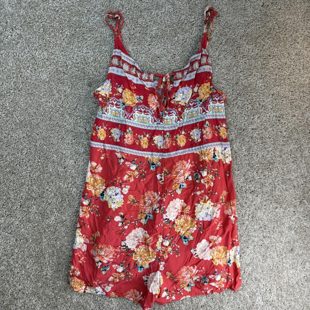 O'Neill Romper Womens Small Red Floral Sleeveless Scoop Neck Ruffle Summer Boho